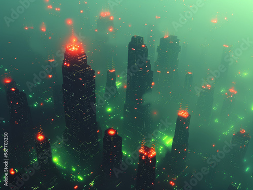 uturistic cityscape with skyscrapers and neon lights, seen from above in the style of green fog