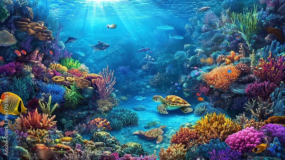 Naklejka premium Colorful coral reef teeming with marine life under sunlight in a tropical ocean