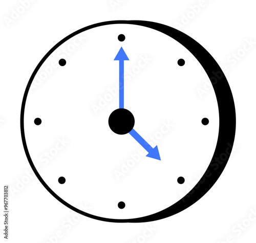 Black and white clock face with blue hour and minute hands. Ideal for time management, schedules, punctuality, deadlines, productivity. Minimalist design, clear readability. Vector style.