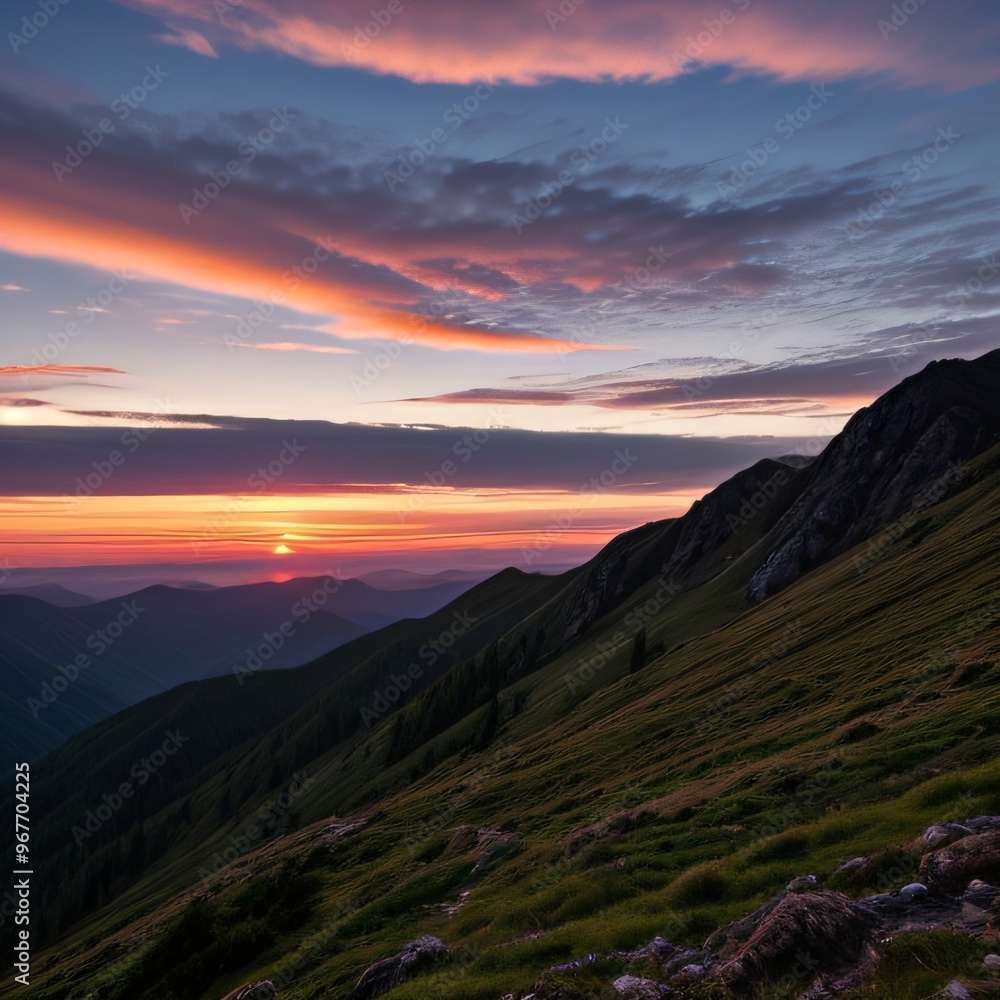 Breathtaking Sunset Over Snow-Capped Mountain Peaks and Forests.. Breathtaking Sunset Over Snow-Capped Mountain Peaks and Forests..