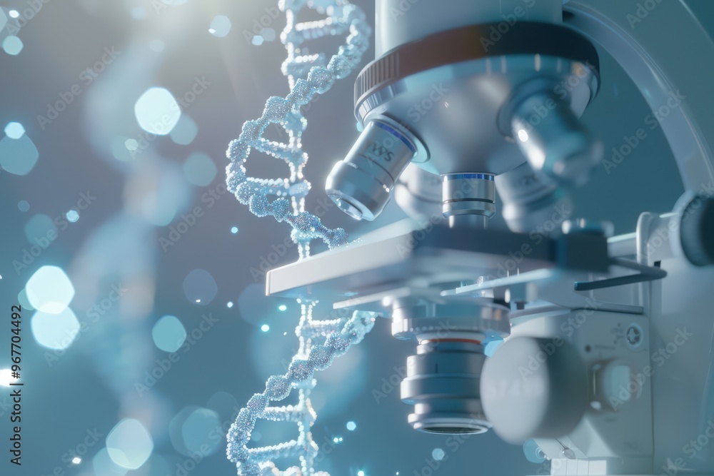 Close-up view of a microscope examining DNA strands, highlighting the beauty of scientific discovery and microbiology. Close-up view of a microscope examining DNA strands, highlighting the beauty of scientific discovery and microbiology.