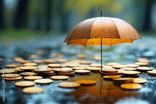 Wallpaper Mural Umbrella of Financial Security: A single umbrella stands tall over a glistening expanse of golden coins, symbolizing protection and safety in a world of financial uncertainty.  A powerful image for in Torontodigital.ca