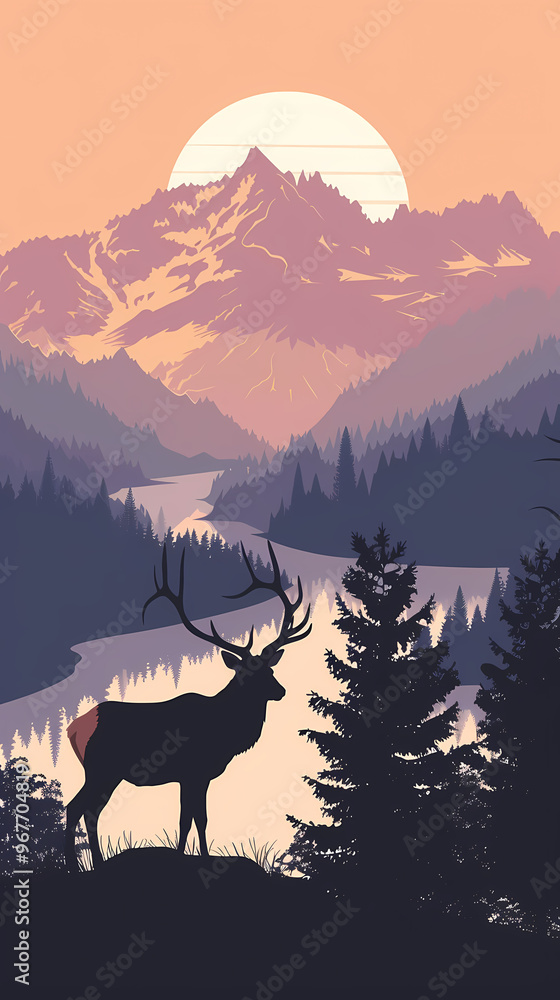 Fototapeta premium Silhouette of a majestic stag against a pastel sunset over mountains and a calm river, evoking serenity and wilderness.