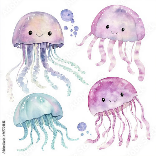 Pequena água-viva fofa aquarela isolada clipart roupas de bebê, padrão e tecido photo