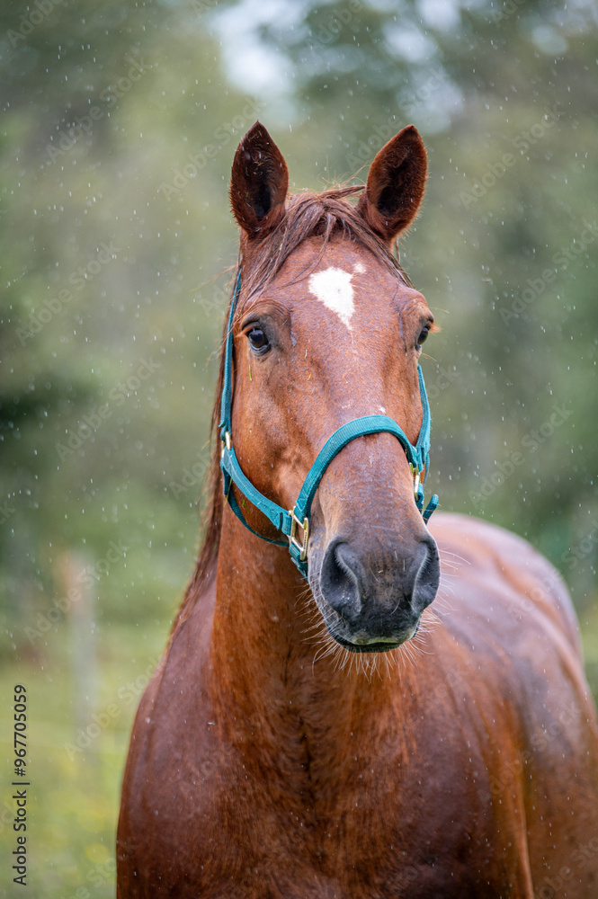 Fototapeta premium Horses in summer pasture on a rainy day in quebec canada