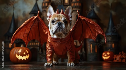 A playful dog dressed as a dragon, surrounded by Halloween decorations, brings a whimsical touch to festive celebrations. photo