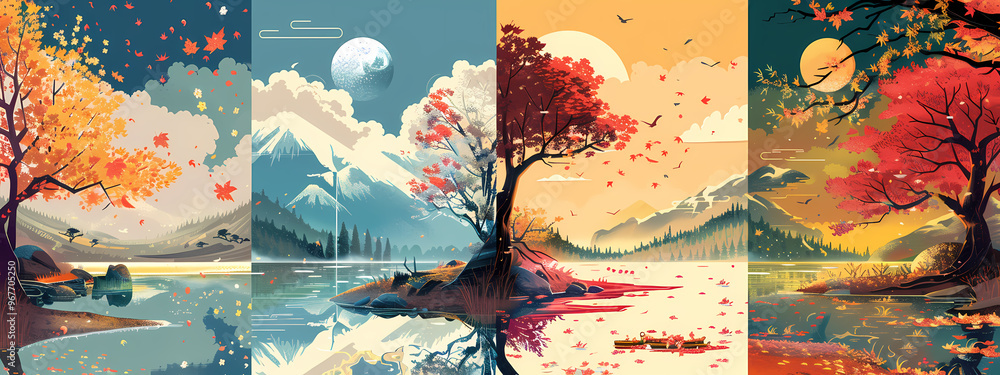 A stunning panoramic artwork depicting the four seasons through vibrant trees, serene lakes, and picturesque mountains. A stunning panoramic artwork depicting the four seasons through vibrant trees, serene lakes, and picturesque mountains.