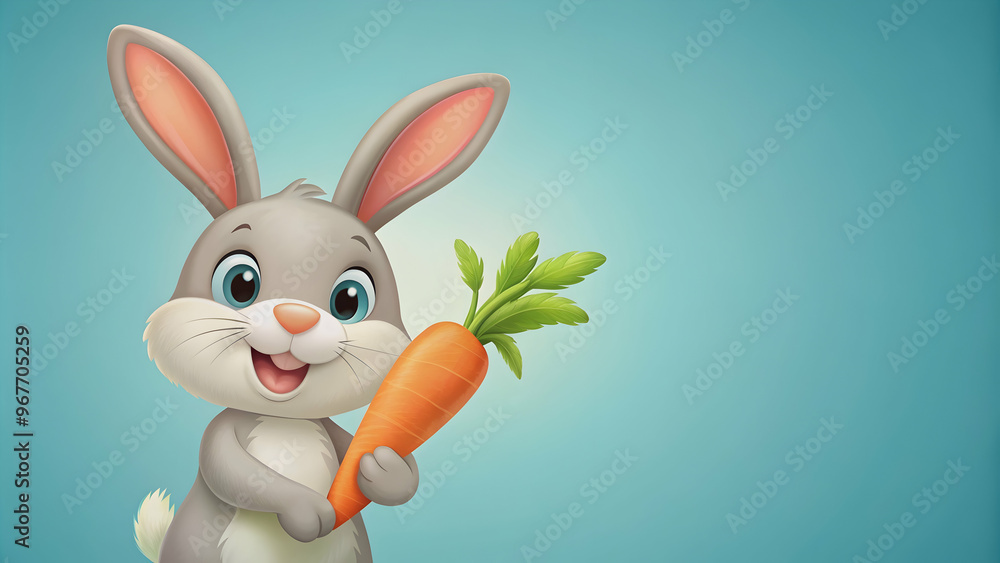 Obraz premium Adorable of a cartoon bunny holding a carrot, rabbit, cute, pet, animal, fluffy, carrot, farm, vegetable, agriculture