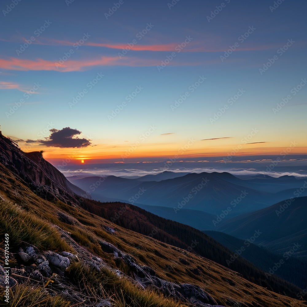 Breathtaking Sunset Over Snow-Capped Mountain Peaks and Forests.. Breathtaking Sunset Over Snow-Capped Mountain Peaks and Forests..