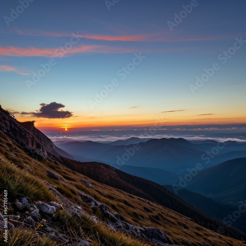 Breathtaking Sunset Over Snow-Capped Mountain Peaks and Forests..