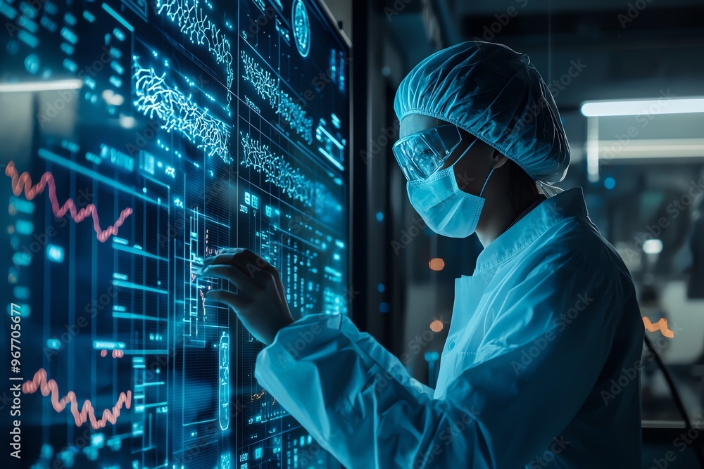 A scientist in protective gear analyzes data on a digital display, highlighting technology in a modern research environment. A scientist in protective gear analyzes data on a digital display, highlighting technology in a modern research environment.