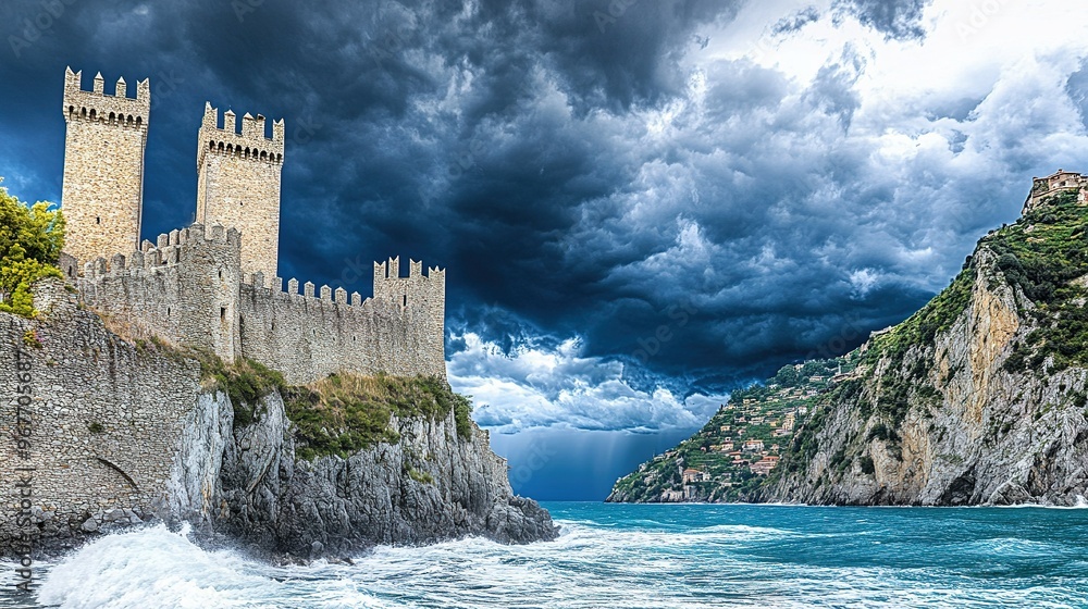 Majestic coastal castle stands against a dramatic sky while waves crash on rocky shore near the scenic cliffs at sunset Majestic coastal castle stands against a dramatic sky while waves crash on rocky shore near the scenic cliffs at sunset