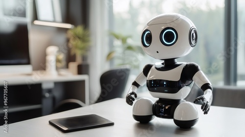 A white robot with blue glowing eyes sits on a white table in a modern office with a tablet next to it.