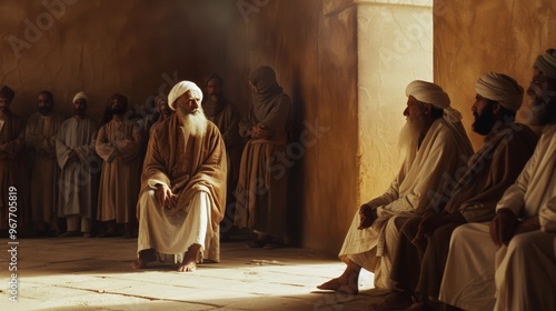 A group of men dressed in traditional garments engage in a meaningful discussion within a warmly lit, ancient architectural setting.