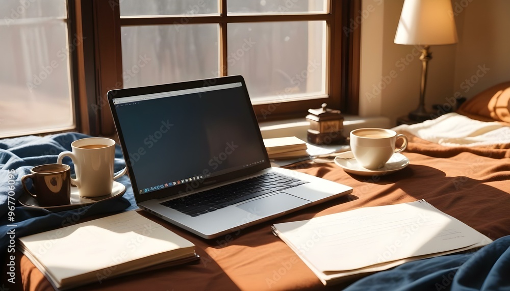 Laptop; digital tablet; spectacles and cup on bed Laptop; digital tablet; spectacles and cup on bed