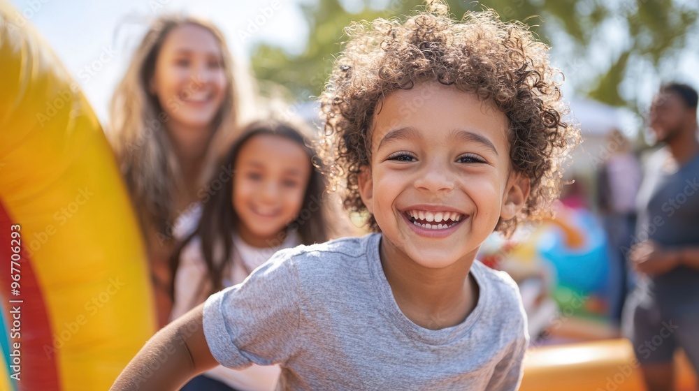 Adults and kids smiling while participating in a fun, interactive activity like a bounce house or face painting at a festival Adults and kids smiling while participating in a fun, interactive activity like a bounce house or face painting at a festival