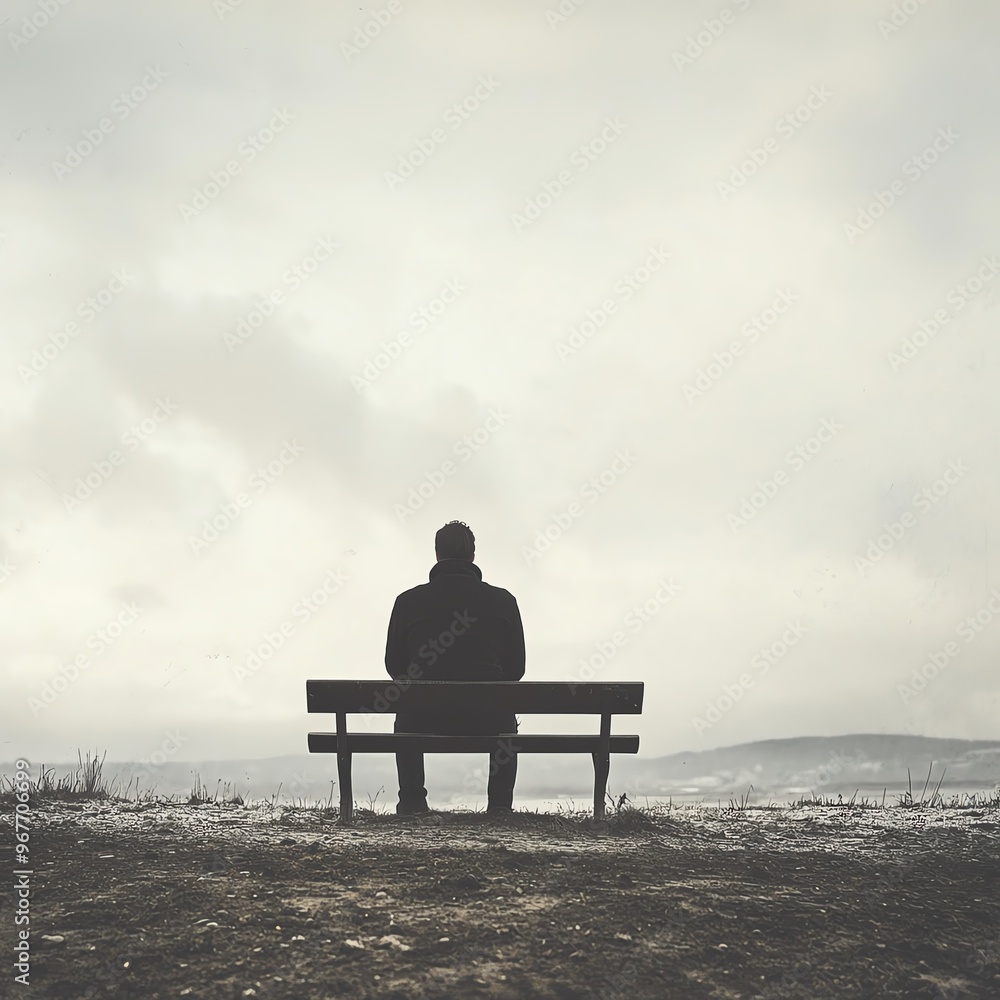 A solitary figure sits on a bench, gazing at a misty landscape, evoking feelings of introspection and solitude. A solitary figure sits on a bench, gazing at a misty landscape, evoking feelings of introspection and solitude.