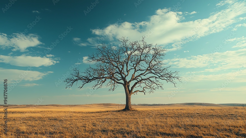 Fototapeta premium A solitary tree stands in a vast field under a blue sky, capturing the beauty of nature's simplicity and serenity.