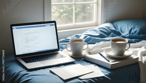 Laptop; digital tablet; spectacles and cup on bed