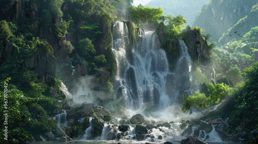 A powerful waterfall tumbles over jagged rocks, with its water splashing into a frothy pool below, A powerful waterfall tumbles over jagged rocks, with its water splashing into a frothy pool below,