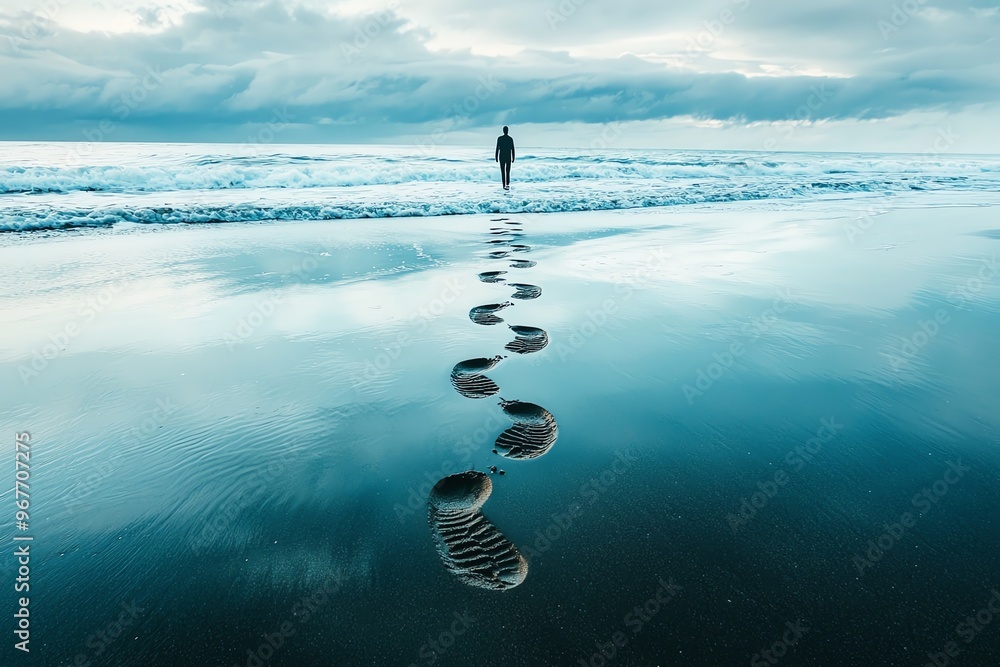Obraz premium A tranquil beach scene with footprints leading towards a person gazing at the calm ocean under a dramatic sky.