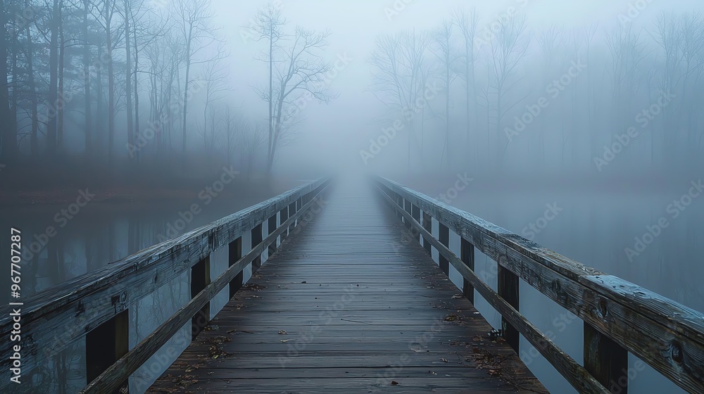 Obraz premium A tranquil foggy morning on a wooden bridge leading into a serene mist, surrounded by nature's calm and beauty.