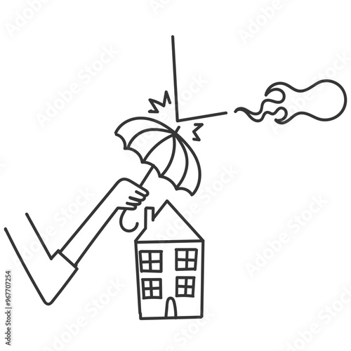 mini house with umbrella and fire symbol for umbrella protect house from fire accident insurance doodle cartoon style