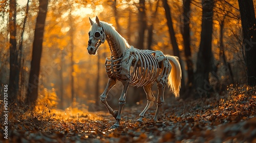 A unique skeletal horse walking through a picturesque autumn forest, surrounded by vibrant orange leaves and soft sunlight. photo