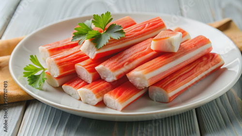 Close up of delicious crab sticks on a white plate, seafood, imitation crab, appetizer