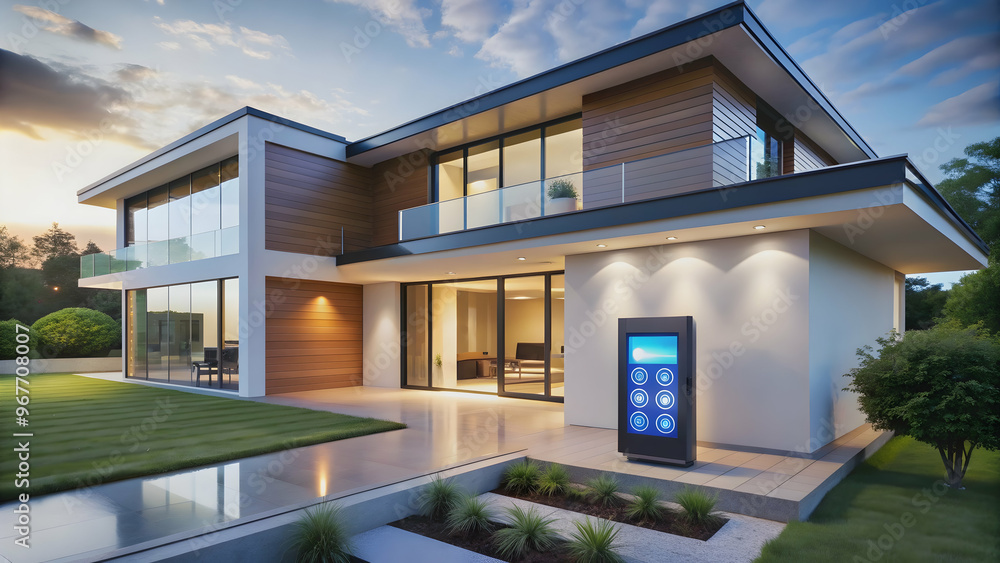 Modern house by the sea with a balcony, featuring sleek architecture and glass windows under a morning sky Modern house by the sea with a balcony, featuring sleek architecture and glass windows under a morning sky