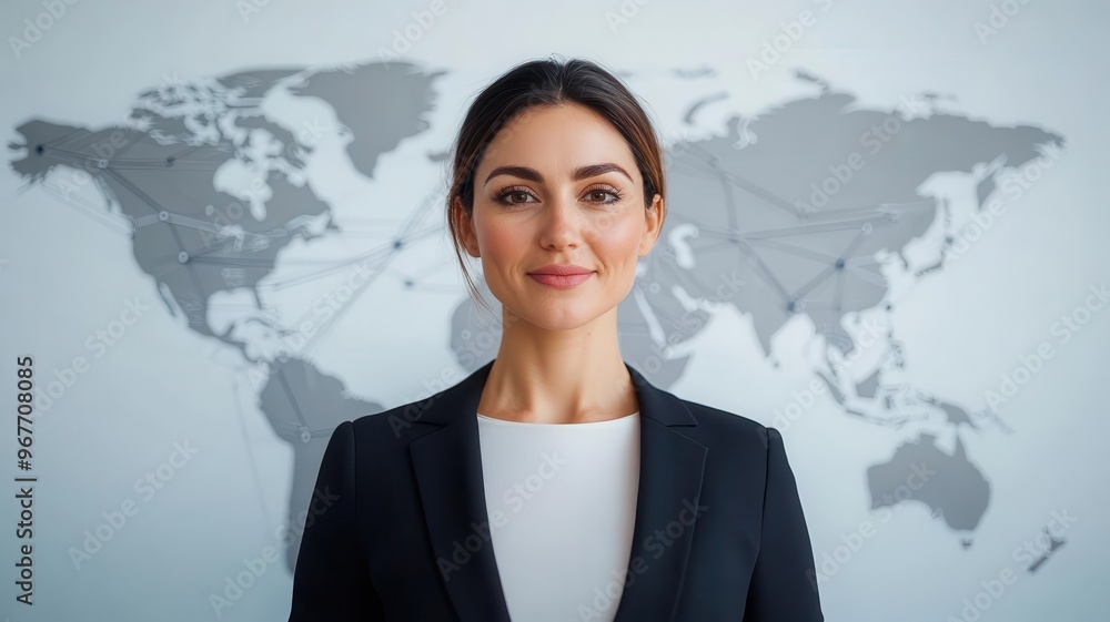 Businesswoman standing in front of a digital world map with network lines, symbolizing international business connections, confident and professional Businesswoman standing in front of a digital world map with network lines, symbolizing international business connections, confident and professional