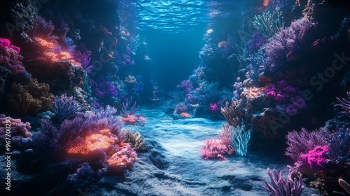 A scenic view of a coral reef with colorful corals and a path leading into the darkness.