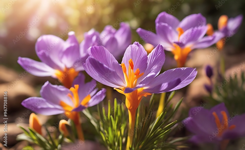 A detailed, close-up image of Saffron flowers illuminated by soft sunlight with a blurred garden background, ensuring good focus and a well-composed. A detailed, close-up image of Saffron flowers illuminated by soft sunlight with a blurred garden background, ensuring good focus and a well-composed.