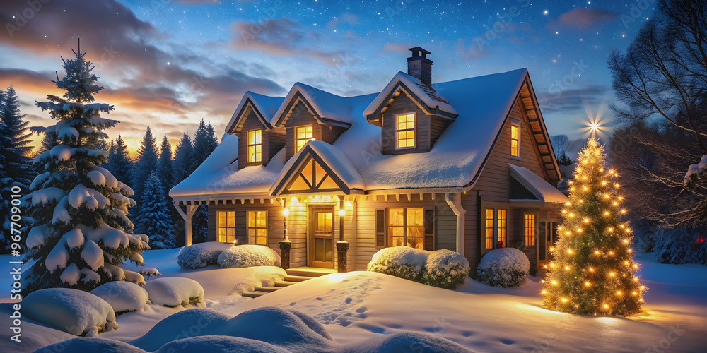 Fototapeta premium Beautifully lit Christmas house in the snow at night , Christmas, house, holiday, lights, festive, winter, snow, illuminated