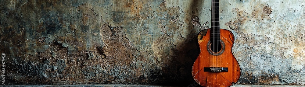 Naklejka premium An acoustic guitar rests against a weathered wall, showcasing its rustic charm and artistry in a serene setting.