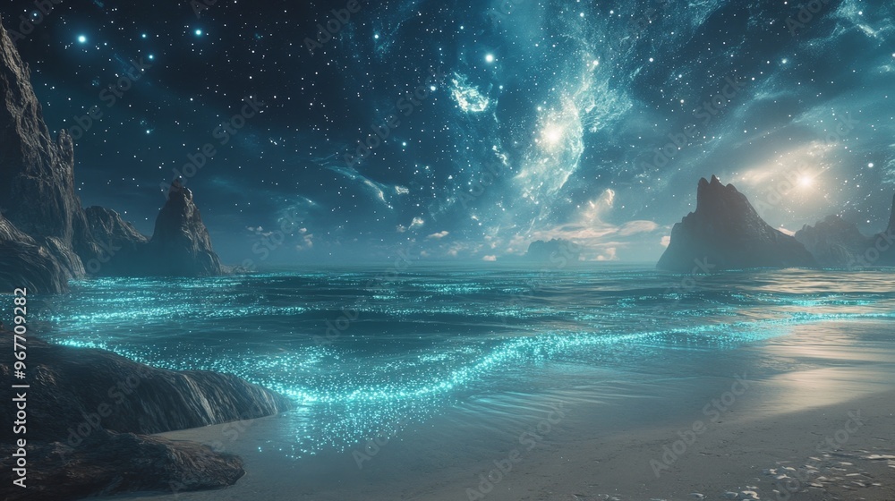 Starry Night Ocean Landscape with Glowing Water Starry Night Ocean Landscape with Glowing Water
