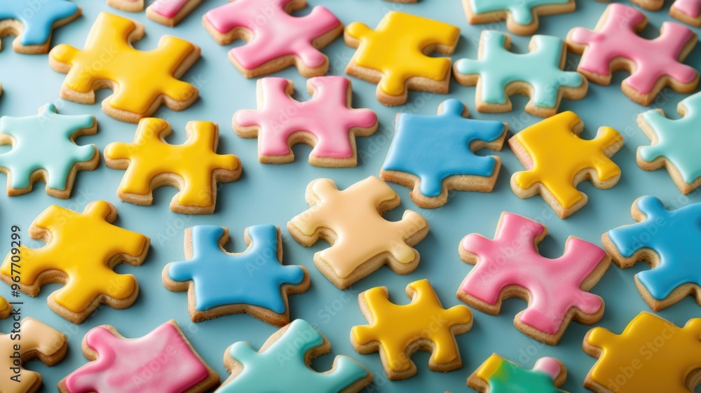 A collection of brightly colored, puzzle-shaped cookies with vibrant icing A collection of brightly colored, puzzle-shaped cookies with vibrant icing