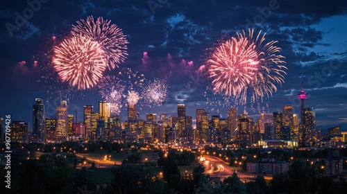 Fototapeta Naklejka Na Ścianę i Meble -  Spectacular fireworks display lighting up the night sky over a city skyline