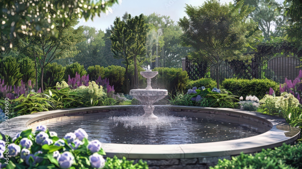 A serene pond with a charming water fountain, surrounded by carefully tended flowerbeds and shrubs, A serene pond with a charming water fountain, surrounded by carefully tended flowerbeds and shrubs,