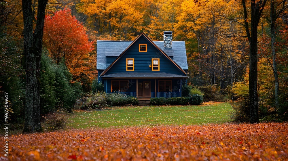 A peaceful autumn forest with a house tucked between the trees, vibrant fall colors in the background, and a soft glow of sunlight peeking through the foliage. A peaceful autumn forest with a house tucked between the trees, vibrant fall colors in the background, and a soft glow of sunlight peeking through the foliage.