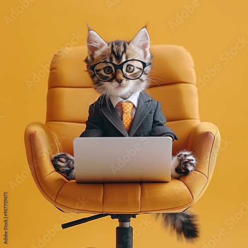 Serious Cat in Suit Working on Laptop, Yellow Background. Freelance, Business Concept