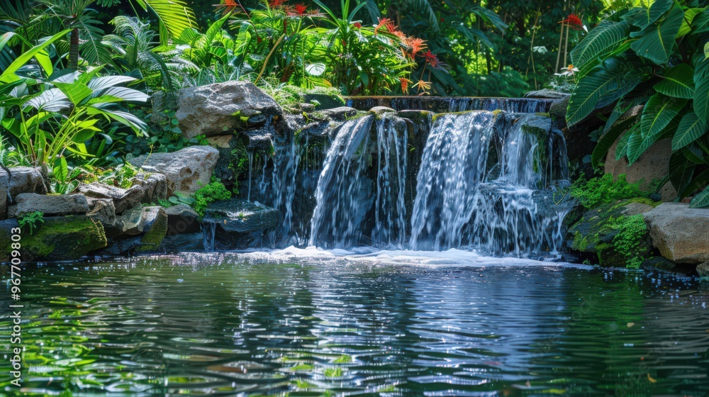 A serene pond with a gently flowing waterfall, surrounded by lush vegetation and creating a calming and visually pleasing natural setting A serene pond with a gently flowing waterfall, surrounded by lush vegetation and creating a calming and visually pleasing natural setting