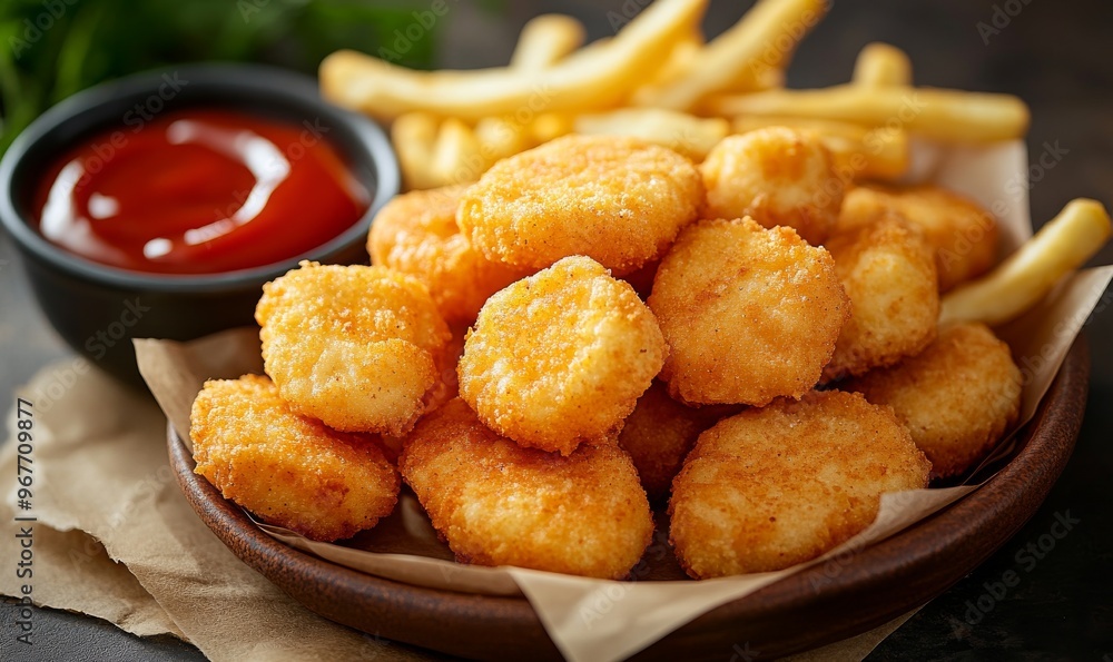 Golden Brown Chicken Nuggets Served With Crispy Fries and Dipping Sauce on a Wooden Table Golden Brown Chicken Nuggets Served With Crispy Fries and Dipping Sauce on a Wooden Table