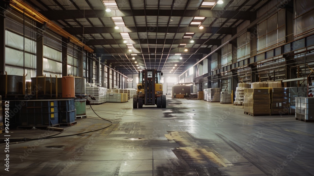 Fototapeta premium A spacious warehouse featuring organized rows of goods and a central forklift, illuminated by ample light from high windows.