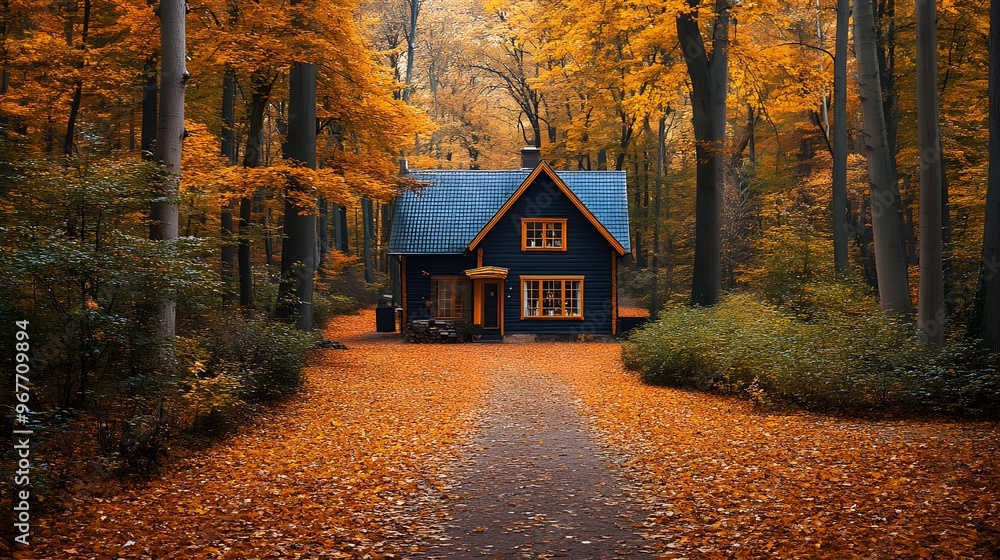 A picturesque autumn forest with a charming house nestled between golden trees, fallen leaves blanketing the forest floor, and a peaceful, calm atmosphere. A picturesque autumn forest with a charming house nestled between golden trees, fallen leaves blanketing the forest floor, and a peaceful, calm atmosphere.