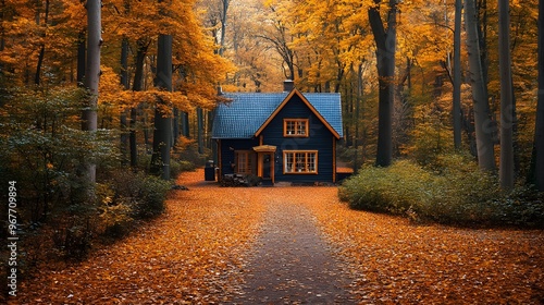 A picturesque autumn forest with a charming house nestled between golden trees, fallen leaves blanketing the forest floor, and a peaceful, calm atmosphere.