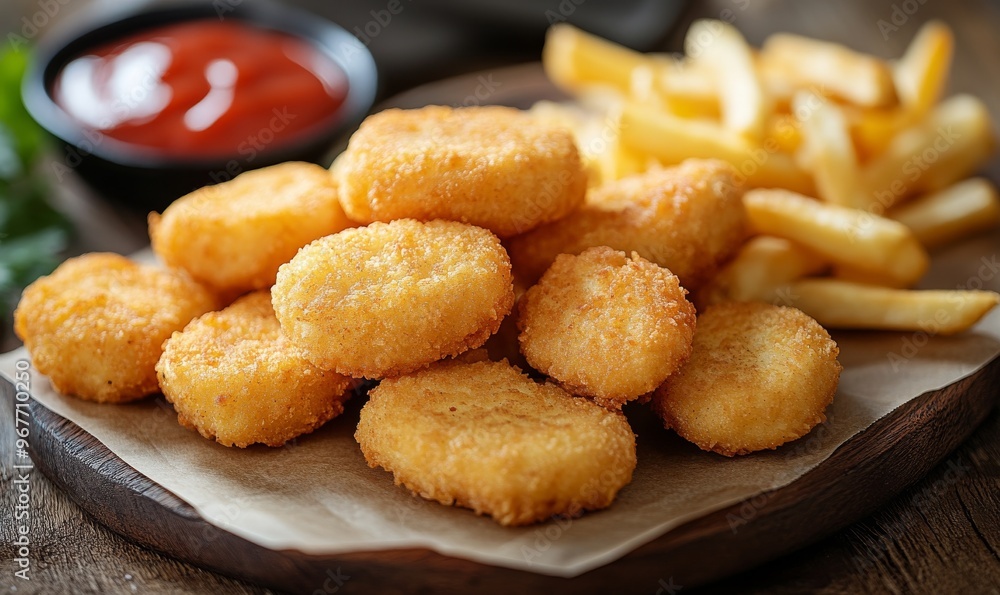 Golden Brown Chicken Nuggets Served With Crispy Fries and Dipping Sauce on a Wooden Table Golden Brown Chicken Nuggets Served With Crispy Fries and Dipping Sauce on a Wooden Table