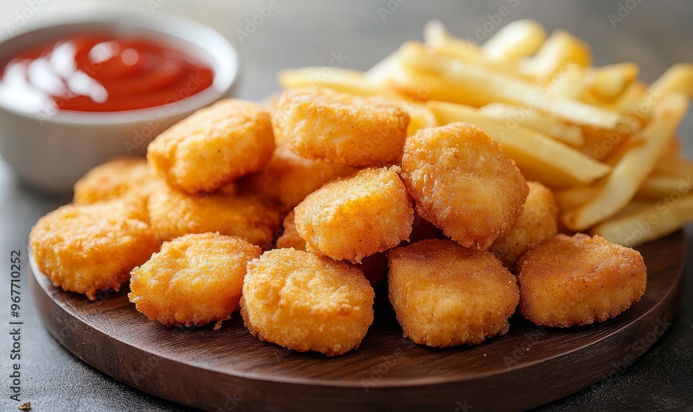 Golden Brown Chicken Nuggets Served With Crispy Fries and Dipping Sauce on a Wooden Table Golden Brown Chicken Nuggets Served With Crispy Fries and Dipping Sauce on a Wooden Table