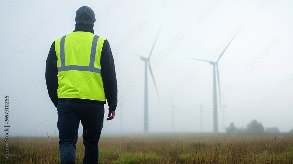 custom made wallpaper toronto digitalWind Turbines in Foggy Sunrise with Engineer in Reflective Jacket - Atmospheric Morning Scene of Renewable Energy Innovation in Misty Landscape