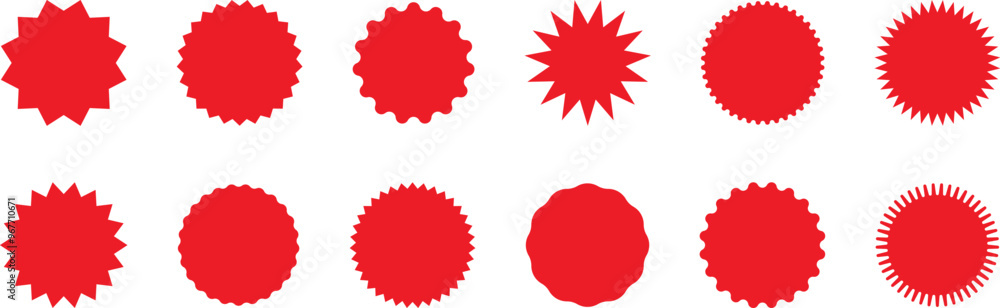 Starburst red sticker set - collection of special offer sale oval and round shaped sunburst labels and badges. Promo stickers with star edges. Vector. Starburst red sticker set - collection of special offer sale oval and round shaped sunburst labels and badges. Promo stickers with star edges. Vector.